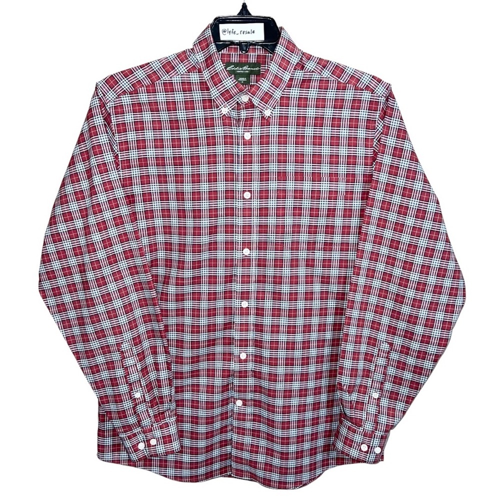 Eddie Bauer Shirt Men’s Size M Burgundy White Blue Button Front Long Sleeve